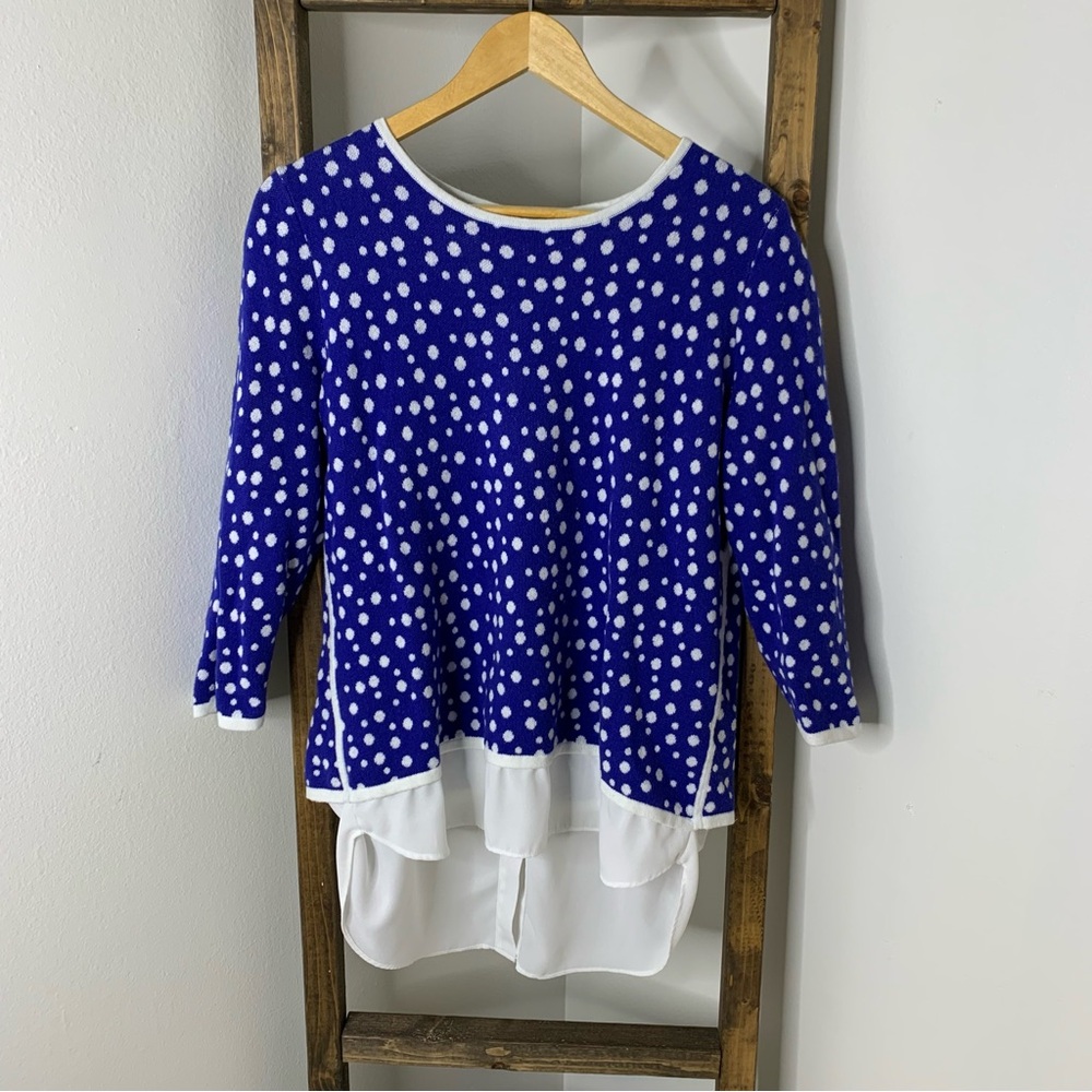 Tyler Boe Layered Tunic Sweater Polka Dot Blue White Cotton Cashmere Size Medium